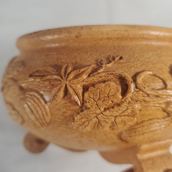 Vintage FTDA Made in USA Wood Resin Footed Bowl Pot Gourd Vine Leaf Design Fall - Picture 9 of 13